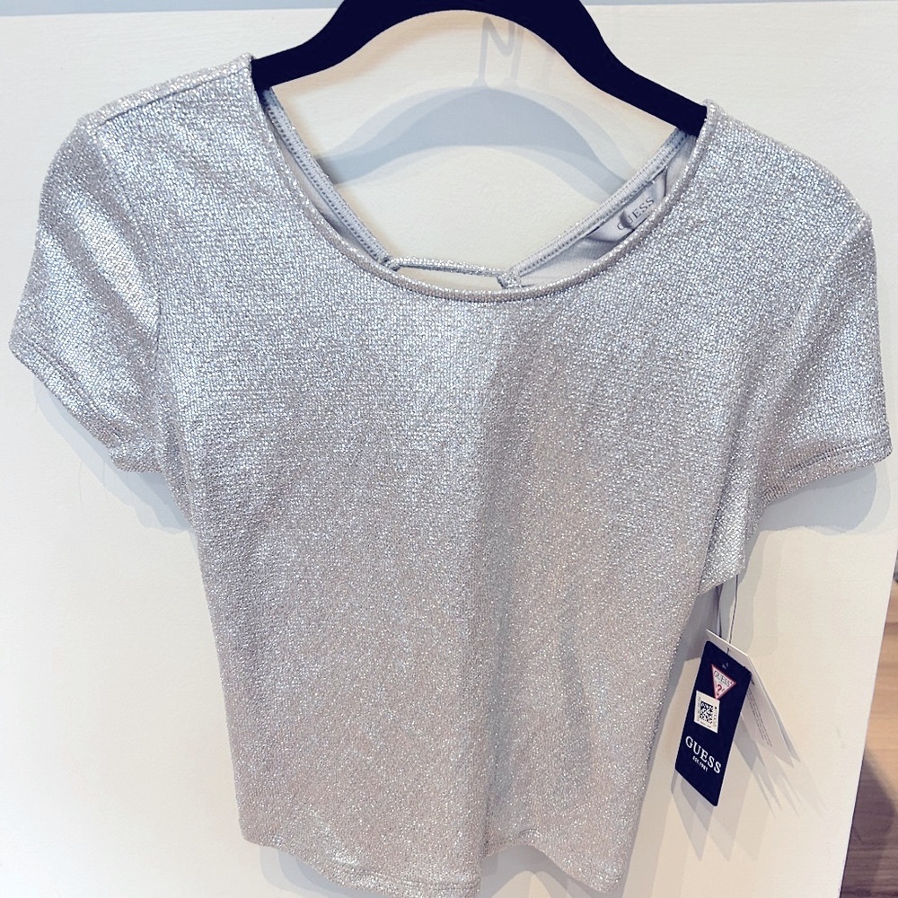 NWT GUESS silver shine multi top w/ open laced back, sparkly, Size Medium